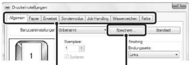 Druckeinstellungen Allgemein Paper Erweite Sondermodus Job-Hendling Wasserzeichen Farbe Berufzereinstellungen Unbenannt Spechen Standard Exemplare: 1 Finishing Bindungsserte: Links 1
