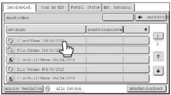 Dateinwied. Scan zu HDD Postpl. -Status Ext. Datenzug. Hauptordner Dateiname BetutsocnameDatum file-01Name 104/04/2010 file-02Name 204/04/2010 file-03.filName 304/04/2010 file-04Name 404/04/2010 file-05.filName 504/04/2010 Anzeige Umschalten Alle Dateion Mehrdatieindruck