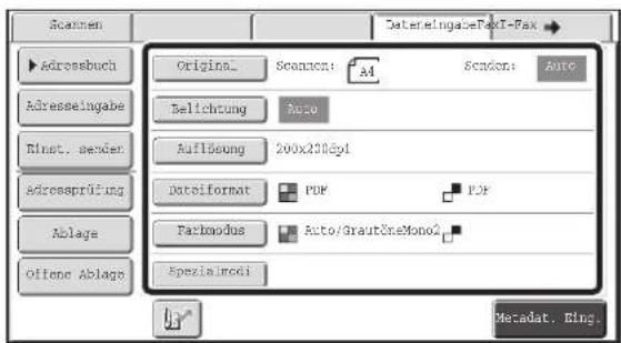 Scanmen Original Scanmen: A4 Screen: Auto Adrossbuch Adresselingabe Binat. sender Adressprüfung Ablags Offene Ablags Selichtung Auto Auflösung 200x200Eyl Dateiformat PDF PDF Farkmodus Auto/GrautXneMono2 Spezialmoi Metadat. Ring.