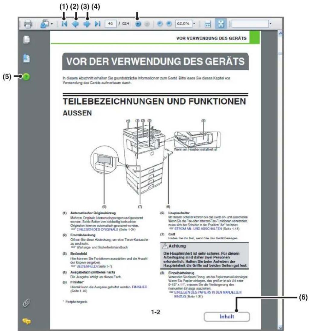 (1) (2) (3) (4) VOR VERWENDUNG DES GERÄTS VOR DER VERWENDUNG DES GERÄTS In diesem Abschnitt erhalten Sie grundstrizliche Informationen zum Gerät. Bitte lesen Sie dieses Kapitel vor Verwendung des Geräte aufmerksam durch. TEILEBEZEICHNUNGEN UND FUNKTIONEN AUSSEN (5) (6) (7) (8) (9) (10) (11) (12) (13) (14) (15) (16) (17) (18) (19) (20) (21) (22) (23) (24) (25) (26) (27) (28) (29) (30) (31) (32) (33) (34) (35) (36) (37) (38) (39) (40) (41) (42) (43) (44) (45) (46) (47) (48) (49) (50) (51) (52) (53) (54) (55) (56) (57) (58) (59) (60) (61) (62) (63) (64) (65) (66) (67) (68) (69) (70) (71) (72) (73) (74) (75) (76) (77) (78) (79) (80) (81) (82) (83) (84) (85) (86) (87) (88) (89) (90) (91) (92) (93) (94) (95) (96) (97) (98) (99) (100) (Automaticheer Originaleinzug Mehrere Originale können eingeszogen und pescannt wenden. Beide Sultan von beidswaltig bedruckten Originaten können automatisch gescamt worden. **EINLEGEN DES ORIGINALS (Seite 1-04) Frontabdeckung Öfthen Sie diese Abdeckung, um eine Toner-Kartusche zu wechseln. **Wartungs- und Sicherheitshandbach Bedienfeld Hier können Sie Funktionen auswäblen und die Anzahl der Kopien angeben. **BEDENFIELD (Seite 1-7) Ausgabetach (mittleres Fach) Die Ausgabe erfolgt an dieses Fach. Finisher* Hormit kann die Ausgabe gehaltet werden. FINISHER (Geite 1-40) * Ferphenegerät. Hauptschalter Matt dessen Schalter können Sie das Gerät ein- und ausschaten. Wein Sie die Fax-oder Internet-Fax-Funktionen verwenden, muss sich der Schalter in der Position "An" befinden. **STROM AN. UND ABSCH/ALTEN (Seite 1-14) Griff Halten Sie ihn fest, wenn Sie das Gerät bewegen. Achtung Die Haupteinheit ist sehr schwer. Für diesen Arbeitsgang sind daher zwei Personen erforderlich. Halten Sie beim Anheben der Haupteinheit die Griffe auf beiden Seiten gut fest. Einzelblatteinzug Verwenden Sie diesen Einzug, um das Papiermanuel einzulegen. Weine Sie Papier einlagen, das größer ist als M oder G-1/2" x 11", müssen Sie die Veränderung des manuellen Einzugs auszahlen. **EINLEGEN DES PAPIERS IN DEN MANUELLEN EINTUG (Seite 1-31) Inhalt (Inhalt)