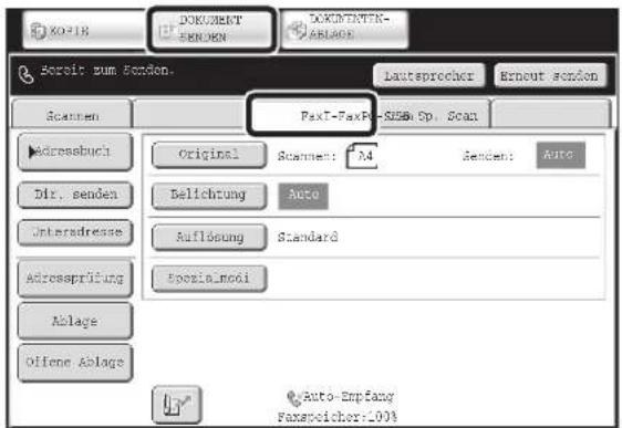 XOP18 DOKUMENT SENOWN EXCONTANTEN- ABLAUSE Aberit zum Sondon. Lautsprecher Erbout sondon Scanen Fax1-PaxP0-S256a Sp. Scan Adressbuch Original Scanen: A4 Sendent: Auto Dir. senden Belichung Auto Unteradresse Auflösung Standard Adressprüfung Spezialmodi Ablage Offene Ablage Auto-Empfung Faxspoicher+100%