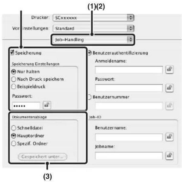 (1)(2) Drucker: SCxxxxxx Vorinstellungen: Standard Job-Handling Speicherung Speicherung Einstellungen Nur halten Nach Druck speichern Beispieldruck Password: ****** Dokumentenablage Schnelldatei Hauptordner Spezif. Ordner Gespeichert unter... Benutzerauthentifizierung Anmeldename: Password: Benutzernummer Job-ID Benutzername: jobname: