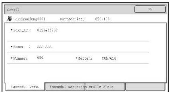 Detail Rundsendung0001 Portacarritt: 050/100 • Fax:_nr.: 0123456789 • Name: 1 AAA AAA • Nummer: 050 •Seiten: 005/00 Faxmodul_verb. Faxmodul_wartetPen.erAlle Xiele