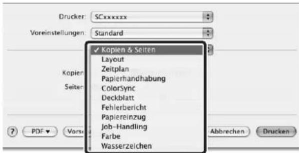 Drucker: SCxxxxxx Voreinstellungen: Standard Kopien & Seiten Layout Zeitplan Papierhandhabung ColorSync Deckblatt Fehlerbericht Papiereinzug Job-Handling Farbe Wasserzeichen