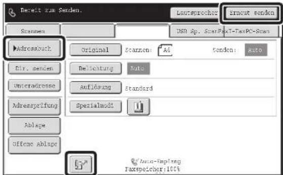 Bereit zum Senden. Laureprocher Erneut sonden Scannen DNR Ap. ScanPaxT-TaxPC-Scan Adressbuch Original Scanen: AI fenden: Auto Dir. senden Delichtung Auto Unteradresse Auflösung Standard Adressprüfung Spezialmodi Ablage Offene ablape Auto-Dupfang Faxspeicher:100%