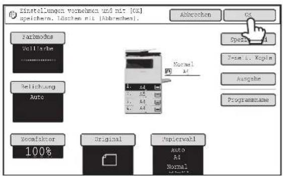 Einstellungen vornehmen und mit [CK] speichern, 1.8 Sachen mit [Abbrechen]. Abzoechen CK Farbmodus Veillarbe ... Belichung Auto Normal AC Spezialer V-Cell. Kopie Ausgabe Programme Zoomfaktor 100% Original Papierwahl Auto AI Normal