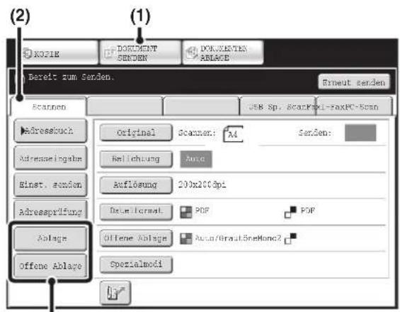 (2) (1) KODJIE DORIGENT SENDEN DOKJETEN ABLAGE Bereit zum Senden. Erneut werden Scanen USB Sp. ScanPax1-FaxPC-50cm Adressbuch Original Scanner: A4 Serden: Beilichung Aund Auflösung 200x200dpi Date format PDF POP Offene Ablage Auto/Grout5reHone2 Spzialmodi Adressingabe Binst. senden Adressprüfung Ablage Offene Ablage
