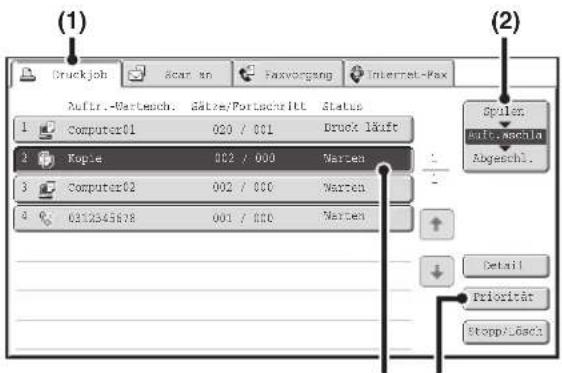 (1) Druckjob Scar an Faxvorgang Internet-Fax Auftr.-Wertesch. Sätze/Portachmitt Status 1 Computer01 020 / 001 Druck lÄkft 2 Fople 002 / 000 Warten 3 Computer02 002 / 000 Warten 4 0252545678 001 / 000 Warten Spulen auft.mschla Abgeschl. Detail Priorität Stopp/Lösech