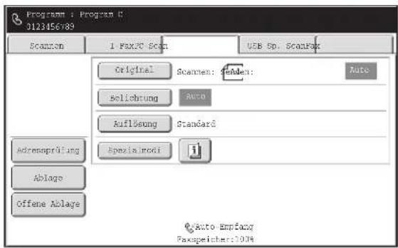 Program : Program C 0123456789 Scanlon 1 Fax2C Scan USB Sp. ScanFox Original Scanlon: 100% Auto Solichung Auto Auflösung Standard Spezialmodi i Adressprüfung Ablage Offene Ablage Auto-Empfacy Faxspeicher:100%
