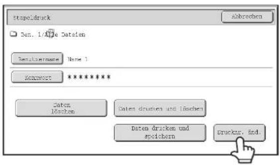 Stapoldruck abbrechen Den. 1/4/16 Datsien Resultsername Name 1 Kontwort ****** Daten löschem Daten drücken und läschen Daten drücken und speichern Druckur, and.