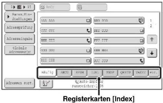 5 ▶ 15 Faren.Rin- Stellungen Adressprüfung Adresseingabe Globale Adressauche Häufig ABCD SPCH LIKU MOOP QOSTU VAXZ EIC. Adressen sort. Auto Empfer Faxspeichori: 08 Registerkarten [Index]