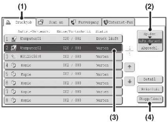 (1) Druckjob Scan an Faxvorgang Internet-Fax Auflr.-Verlesch. Säuse/Fortschritt. Status 1 Computer01 020 / 001 Druck läuft 2 Computer02 020 / 000 Warten 3 M032345678 002 / 000 Warten 4 Kopic 002 / 000 Warten 5 Kopie 002 / 000 Warten 6 Kopic 002 / 000 Warten 7 Kopie 002 / 000 Warten 8 Kopie 002 / 000 Warten (3) (4) Spoiler Auto-Varisch... Abgoshl... Detail Priorities Stopp/Cosch