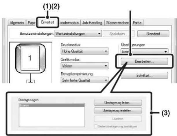 (1)(2) Algemein Paper Erweitet ondemodus Job-Handing Wasserzeichen Farbe Benutzereinstellungen: Werkseinstellungen Spolichem Standard Druckmodus: Höhe Qualität Grafikmodus: Vector Bitraphkomprimierung: Sehr hohle Quellität Obergegenungen kein Bearbeiten... Schriftart... Übergegenungen losten Übergegenung erstellen Lischen Selen übergegenung bestätigen (3)