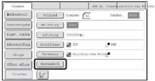 Scannen Original Scannen: A3 Senden: Auto Adressbuch Adressingabe Belichtung Auto Binst. senden Auführung 200x200dpi Adressprüfung Dereiformat PDF PDF Ablage Partmodus Auto/Grassline Mono2 offene Ablage Specialmodi Verschau