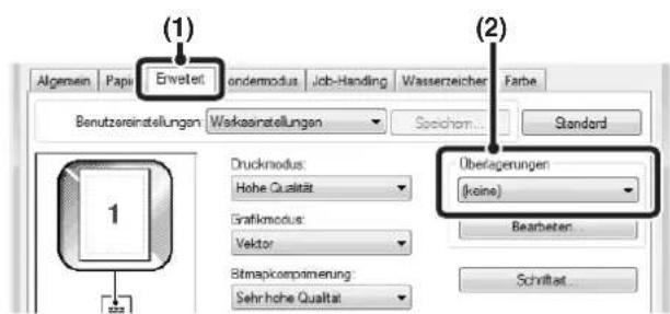 (1) Algemein Papu Erwetet ondermodus Job-Handling Wasserzeicher Farbe Benutzereinstellungen Werksanstellungen Sachom... Standard Druckmodus: Hohe Qualität Grafikmodus: Vektor Bitrapickoprimierung: Sehr hohe Qualität (2) Oberlagerungen (Ivoins) Bearbeten... Schriftat.