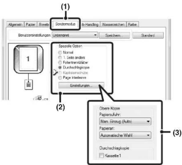 (1) Sondromodus Ab-Handling Wasserzeichen Faibe Algemein Papier Erwelts Benutzvereinstellungen Unbenannt Speichem... Standard Spezielle Option Normal 1. Seite anders Folentrenrläfter Durchschnittkopie Kapitalenschube Page Interleave Einstellungen ... (2) Obere Kopie Papierzufuhr: Man. Einzug (Auto) Papierant: Automatische Wehl Durchschnittkopie Kassette 1 (3)