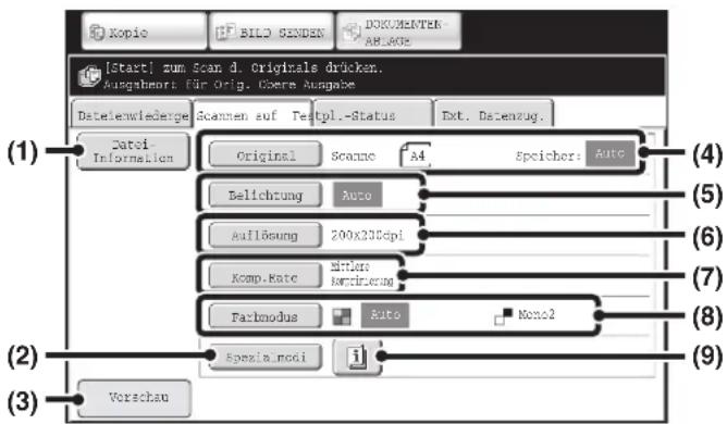 [Start] zum Scan d. Originals drücken. Ausgabenort für Orig. Osern Ausgabe Dateienwiederge Scannen auf Testpl.-Status Ext. Datenzug. Datei. Information Original Scanne A4 Speicher: Auto Belichtung Auto Auflösung 200x230dpi Komp. Rate Hitler Wirkierung Farbmodus Auto Mono2 Spezial.mosi Vorschau