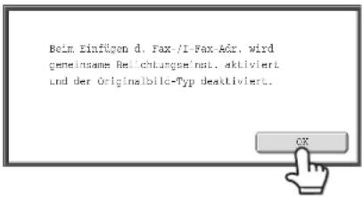 Betm. Einfügen d. Fax-/I-Fax-Adr. wird gemeinsame Belichtungseinat. aktiviert und der Originalbild-Typ desaktiviert.