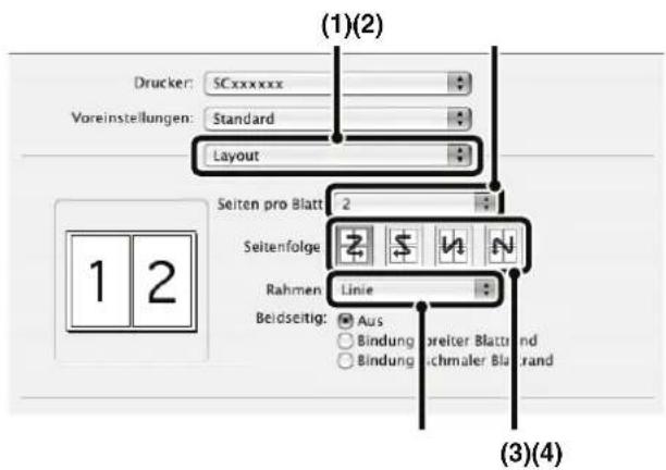 (1)(2) Drucker: SCxxxxxx Voreinstellungen: Standard Layout Seiten pro Blatt 2 Seitenfolge Rahmen Linie Beldseitig: Aus Bindung breiter Blatt und Bindung schmaler Blatt und (3)(4)