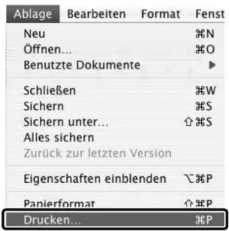 Ablage Bearbeiten Format Fenst Neu %N Öffnen... %O Benutzte Dokumente ► Schließen %W Sichern %S Sichern unter... ↑ %S Alles sichern Zurück zur letzten Version Eigenschaften einblenden ↘ %P Papierformat ↑ %P Drucken... %P