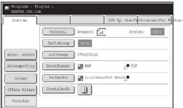 Program : Program 1 xxxxxxx.xxxx.com Scanren Original Screen: A4 Screen: Auto Bellichtung Auto Binst. senden Auflösung 200x200dpi Adressprüfung Dateifmat PDF FCT Ablage Varchmaschus Auto/Strautöse Mono2 Offene Ablage Spezialmodi Vorschau