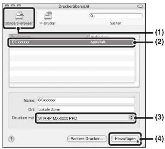 Druckerübersicht Standard-Browser IP-Drucker Suchen (1) (2) SCxxxxxx AppleTalk Name: SCxxxxxx Ort: Lokale Zone Drucken mit SHARP MX-xxxx PPD (3) Weitere Drucker... Hinzufügen (4)