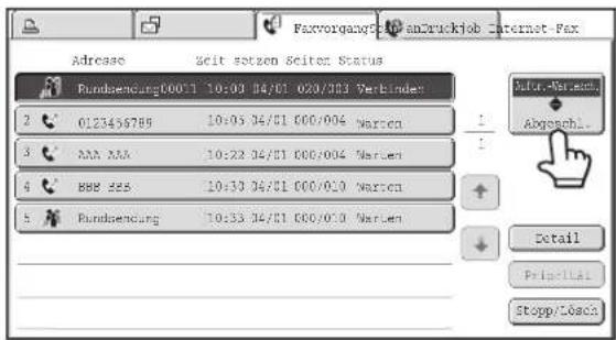 Faxvorgansky anZruckjob Internet-Fax Adresee Zeit setzen Seite Status Fundasendung0001 10:03 04/01 020/023 Verbinden 2 0123456789 10:05 04/01 000/004 Narten 3 AAA AAA 10:22 04/01 000/004 Narten 4 BBB 228 10:30 04/01 000/010 Narten 5 Fundasendung 10:33 04/01 000/010 Narten Autor.-Varisch. Abgeschl. Detail Pris-Plas Stopp/Cbox