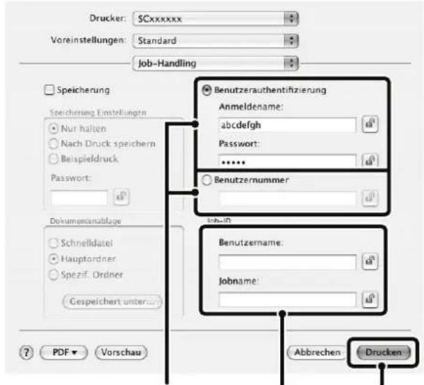 Drucker: SCxxxxxx Voreinstellungen: Standard Job-Handling Speicherung Speicherung Einstellungen Nur halten Nach Druck speichern Beispieldruck Password: Dokumentenzublage Schnelldatel Hauptordner Spezif. Ordner Gespeichert unter... PDF ▼ Vorschau Benutzerauthentifizierung Anmeldename: abcdefghijklmnopqrstuvwxyz: ...... Benutzernummer Job-ID Benutzername: jobname: Abbrechen Drucken