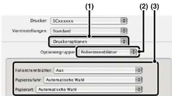 Drucker: SCxxxxxx Voreinstellungen: Standard Druckeroptionen Optionengrupper: Folientrennblätter Folientrennblätter: Aus Papierzufuhr: Automatische Wahl Papierart: Automatische Wahl