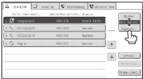 Cruckjob Scan an Foxvorgang Internet Fax Aufr.-Wertesch. Sällze/Portachritt Status 1 Computex01 002/001 Druck läufe 2 0312345678 002/000 Narten 3 0312345678 002/000 Narten 4 Kopie 002/000 Narten Opuler Metr. Mutrose. Abgeschl.. Detail PrioriUse Stopp/Back