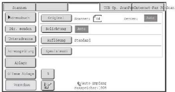 Scanen Original Scanen: A4 Senden: Auto Dir. senden Belichung Auto Untersadresse Auflösung Standard Accumprüfung Spezialmodi Aislays Offene Aislage R Vorschau Auto empfang Faxspeicher:100%