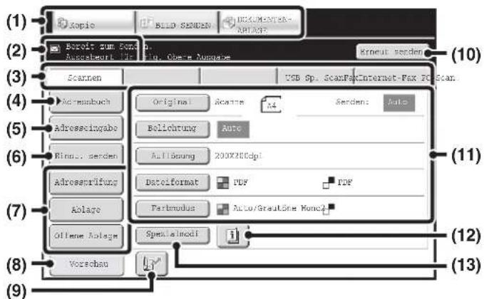 (1) Xopio BILD SENSIN DECKUMENTS APLACH (2) Boroit zum Sonn Anpassmarkt Vorte, Obere Ausgabe Kinetur werden (3) Scannen USB Sp. ScanFakInternet-Fax PC Scan. (4) Acrembuch Origins Scans A4 Serden: Auto (5) Adressringabe Belichung Auto (6) Rinu... werden Auflösung 200X2DCdpi (7) Adressprüfung Dataformat PDF PDF (8) Ablage Perlmodus Auto/Graultene Moncl (9) Offene Ablage Spezialmodi Vorschau