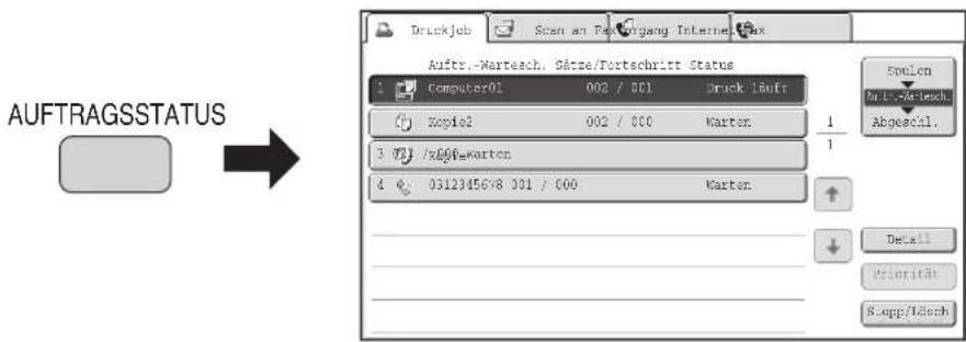 AuftragsStatus Druckjob Scan an Passwagang Internet Fax Auftr.-Wartach. Sätze/Fortschritt Status Computer01 002 / 001 Druck 1Auftr Kopie2 002 / 000 Karten 1 /4006-Warton 4 0312345678 001 / 000 Karten Epsilon Multi-Wartach. Abgeacil. Detail Priorität S.Egg/Udach