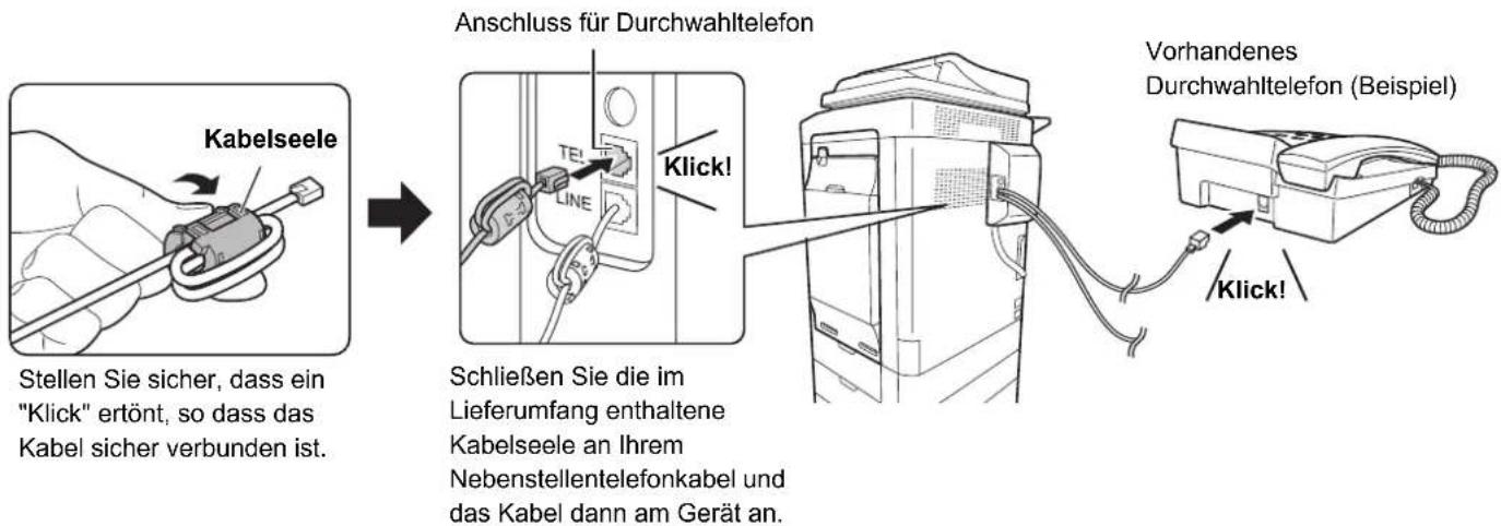 Kabelseele Anschluss für Durchwahltelefon Stellen Sie sicher, dass ein "Klick" ertönt, so dass das Kabel sicher verbunden ist. Schließen Sie die im Lieferumfang enthaltene Kabelseele an Ihrem Nebenstellentelefonkabel und das Kabel dann am Gerät an. Vorhandenes Durchwahltelefon (Beispiel) Klick!