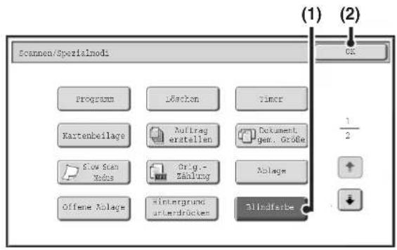 Scanen/Spezialnod Program Löschen Timer Kartenbeilage Auftrag erstellen Dokument gen. Größe Slow Scan Nodes Orig.-Zählung Alooge Offene Alooge Hintergrund unterdrücken Bölförter (1) (2) OK 1/2