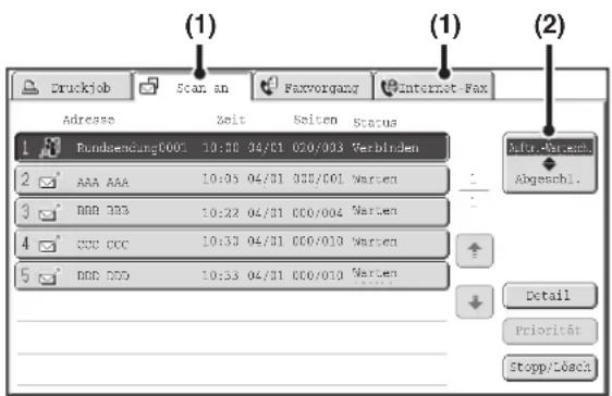 (1) (1) (2) Druckjob Scan an Faxvorgang Internet Fax Adresse Zeit Seiten Status 1. Rundsenung0001 10:30 30/01 020/003 Verbinden 2. AAA AAA 10:05 04/01 020/001 Warten 3. BBB 333 10:22 04/01 000/004 Warten 4. CCC CCC 10:33 04/01 000/010 Warten 5. BBB CCC 10:33 04/01 000/010 Warten Sufu-Verzeln. Abgeschl. Detail Priorität Stopp/Close