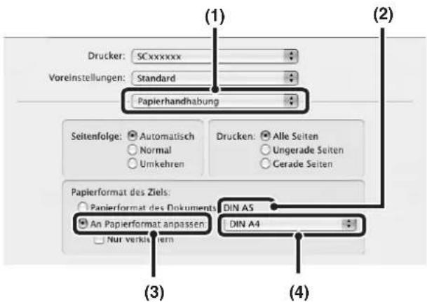 (1) Drucker: SCxxxxxx Voreinstellungen: Standard Papierhandhabung (2) Seitenfolge: Automatisch Normal Umkehren Drucken: Alle Seiten Ungerade Seiten Cerade Seiten Papierformat des Ziels: Papierformat des Dokuments An Papierformat anpassen Nur verkaufern DIN A5 DIN A4 (3) (4)