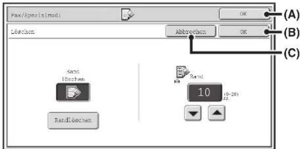 Fax/Spezismodi Löschen Abbrechen (A) (B) (C) Band Löschen Band 10 (0-20) 22.