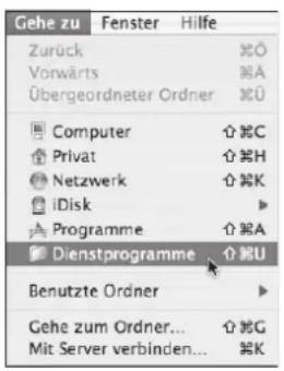 Gehe zu Fenster Hilfe Zurück Vorwärts Übergeordneter Ordner Computer Privat Netzwerk iDisk Programme Dienstprogramme Benutzte Ordner Gehe zum Ordner... Mit Server verbinden...
