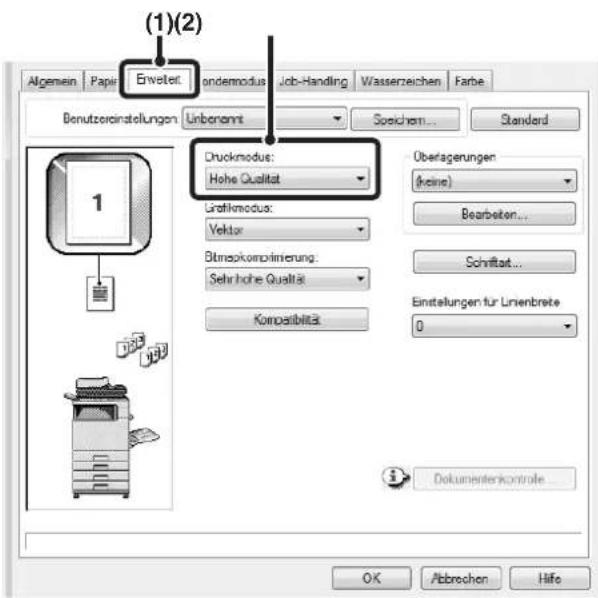 (1)(2) Algemein Papier Enweter ondermodus Job-Handling Wasserzeichen Farbe Benutzerinstellungen Unberannt Soseichem... Standard Druckmodus: Höhe Qualität Grafikmodus: Vektor Bitraokomplinierung: Sehrhöhe Qualität Komparabilität Überlagerungen (keine) Bearbeiten... Schriftat... Einstellungen für Lrienbreite 0 Dokumentenkontrole OK Abbrechen Hife