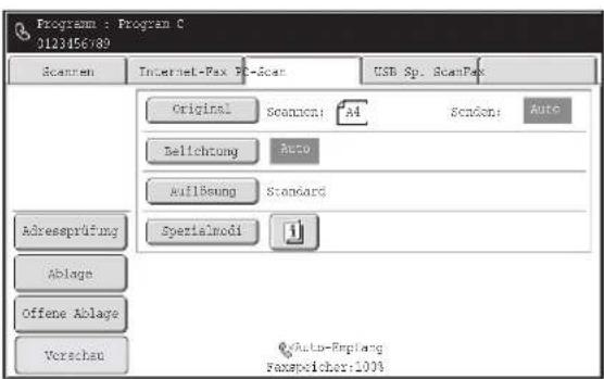 Program : Program C 0123456789 Scanren Internet-Pax Pz-Scan USB Sp. ScanPex Original Scanren: A4 Scenon: Auto Belichtung Auto Auflösung Standard Spezialmodi Adressprüfung Ablage Offene Ablage Verschau Auto-Erplang Faxspelchor:2003