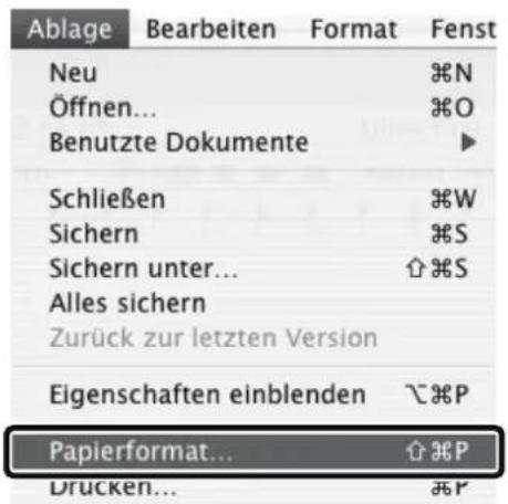 Ablage Bearbeiten Format Fenst Neu ⌘N Öffnen... ⌘O Benutzte Dokumente ► Schließen ⌘W Sichern ⌘S Sichern unter... ⌘S Alles sichern Zurück zur letzten Version Eigenschaften einblenden ⌘P Papierformat... ⌘P Drucken... ⌘P