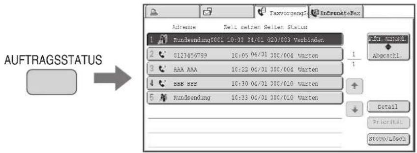 Auftragsstatus Rundsendung0001 10:00 04/01 020/003 Verbinden 0123456789 10:05 04/01 300/004 Warten AAA AAA 10:22 04/01 300/004 Warten BBB BSS 10:30 04/01 300/010 Warten Rundsendung 10:33 04/01 300/010 Warten Rufu. Microsoft. Abgeschl. Detail Pricetitel Storey/Lösch