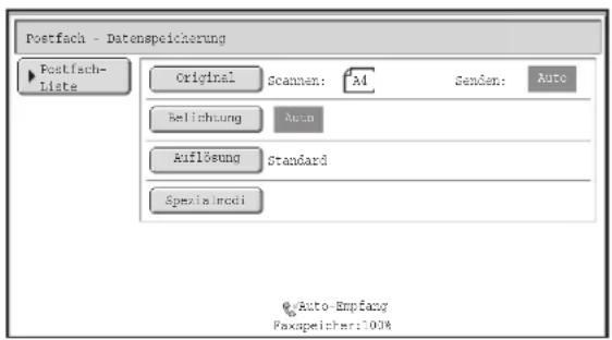 Postfach - Datenspeicherung Postfach- Liste Original Scanmen: A1 Senden: Auto Relischung Auto Aflösung Standard Spexin irodi Auto-Empfang Faxspeicher:100%