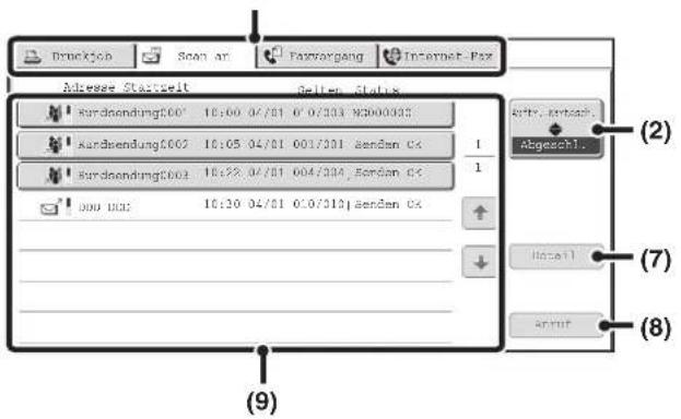 Drucktop Scan at Passvorgang Internet-Paz Adresse Startzeit Deletion Status Rordsendung001 10:00 04/01 0' 07/303 N3000035 Rordsendung002 10:05 04/01 001/301 senden Cx Rordsendung003 10:25 04/01 004/304, senden Cx 000 DCC 10:30 04/01 0:07:15 | senden Cx Abgeschl. Abserall (2) (7) (8) (9)