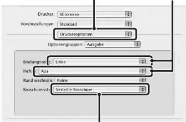 Drucker: SCxxxxxx Voreinstellungen: Standard Druckeroptionen Optionengruppen: Ausgabe Bindungszeit: Links Heft: Aus Rand wechseln: Keine Broschürenst: Verteilte Broschüre