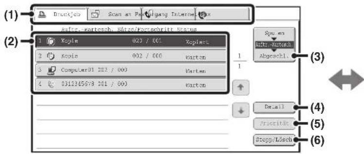 (1) Druckjeo Scan an Packifigung Internet Max Auizr. Kartesch. Sätze/Korpschrift Status (2) 1 Kopie 020 / 001 Kopiert 3 Kopie 002 / 000 Warton 3 Computer01 282 / 000 Warton 4 0312245678 281 / 000 Warton 1/1 Spu en Auizr. Kartesch Abgeschl. (3) Detail Priorität Storgs/Lösch (4) (5) (6)