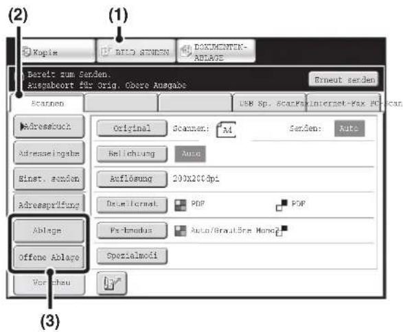 (2) Kopie BRO STENEN DOKUMENTEN- ABLAQE Bereit zum Senden. Ausgabcort für Orig. Obere Ausgabe Erneut senden Scannen USB Sp. ScanRx Internet-Fax FOSCAN Adressbuch Original Scanner: A1 Senden: Auto Adresseingabs Relicherung Auto Aflösung 200X200dpi Deu-l format PDF PDF Adressprüfung Ablage Pz-Emodus Auto/Graul5re Manc? Offene Ablage Spezialmodi Verschau (3)