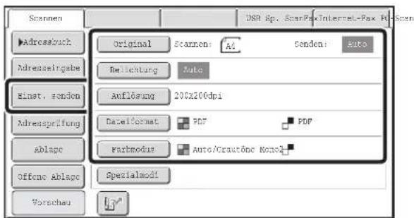 Scannen Original Scanen: A1 Sendeni: Auto Adressbuch Adresselsgabe Binst. sondon Auflösung 200x200dpi Adressprüfung DateiFormat PDF PDF Ablape Parkmodus Auto/Cractone Nonok Offene Ablape Spezialmodi Vorschau