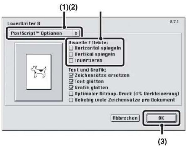 LaserWriter 8 PostScript™ Optionen (1)(2) 8.7.1 Usuelle Effekte: Horizontal spiegeln Vertical spiegeln Invertieren Text und Grafik: Zeichensätze ersetzen Tout glätten Grafik glätten Optimaler Bitmap-Druck (4% Verkleinerung) Beliebig viele Zeichensätze pro Dokument Abbrechen OK (3)